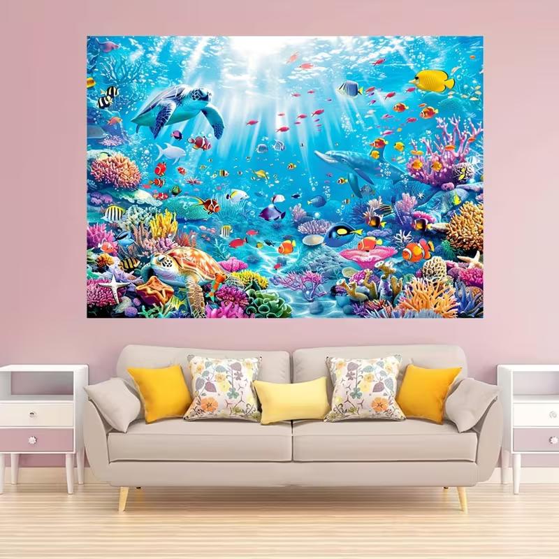 2D Underwater World Turtle Dolphin Fish Backdrop Ocean Photo Background