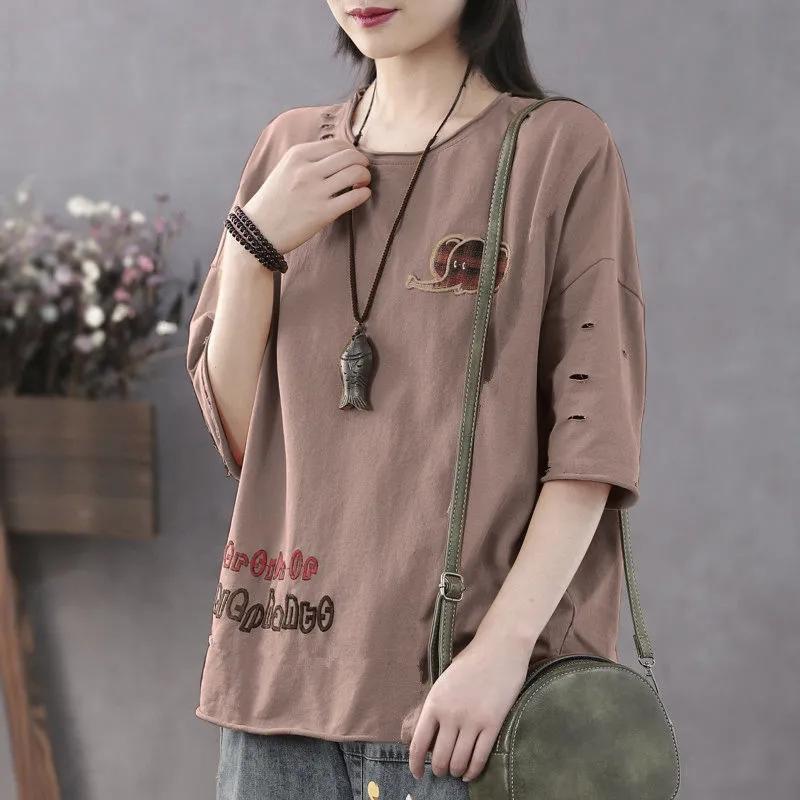 Khaki Loose Round Neck T-shirt Cotton Material Women's Short Sleeved Top Hollow Cuffs Design Retro Literary Style Simple Casual Harajuku Summer