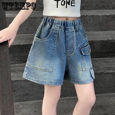 Summer Girls' Denim Shorts Cropped Pants Work Pants Versatile Jean Wide Leg Trendy Versatile Loose Pants for Children