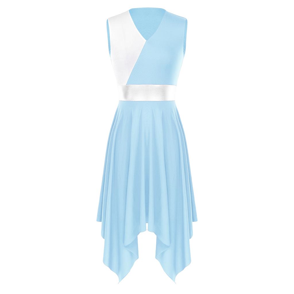 Womens Party Dance Dress V Neck Sleeveless Color Block Patchwork Irregular Hem Performance Outfit