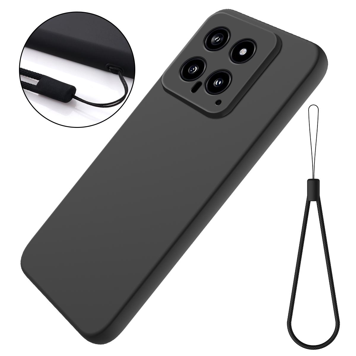 

For Xiaomi 14 Silicone Case with a Strap Mobile Phone Back Cover Protector Black
