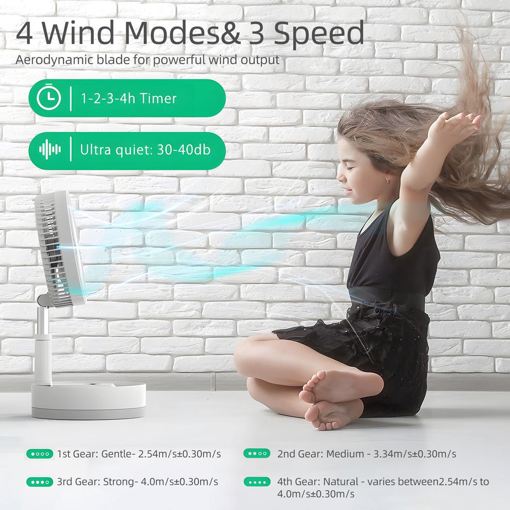 9-inch Portable   Fan 10800mAh Battery Type-C Rechargble Oscillating Standing Fan with LED Night Light Remote Control Telescopic 4 Speed Quiet 