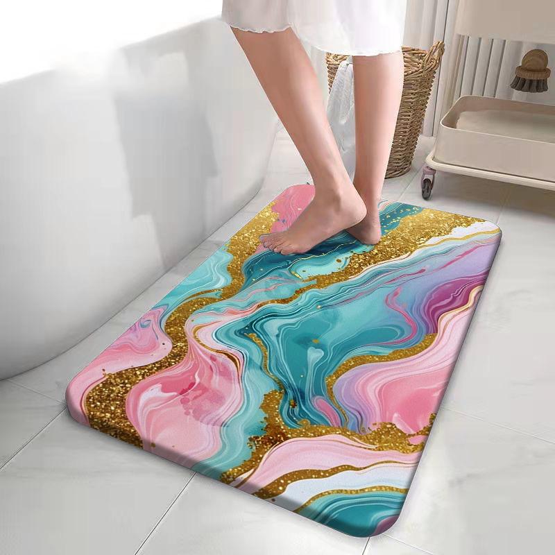 Blue Pink Gold Fluid Marble Bath Rug Luxurious Agate Swirl Pattern Non-Slip Quick Dry Floor Cover