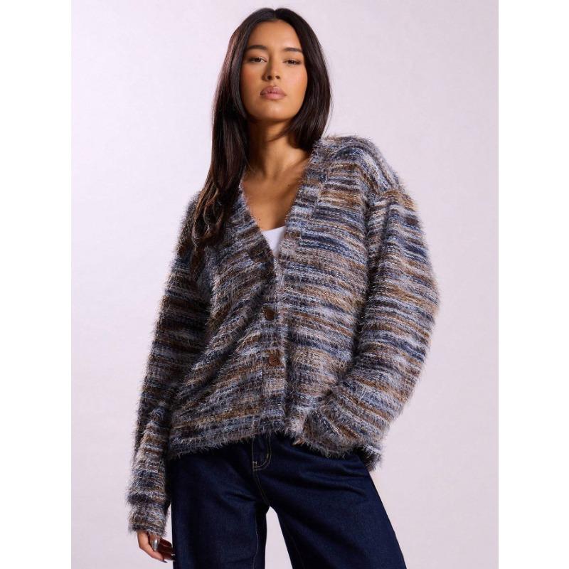 DAFIFY Women's Fashion Casual Fall Winter Colour Block Print Long Sleeve V-Neck Sweaters