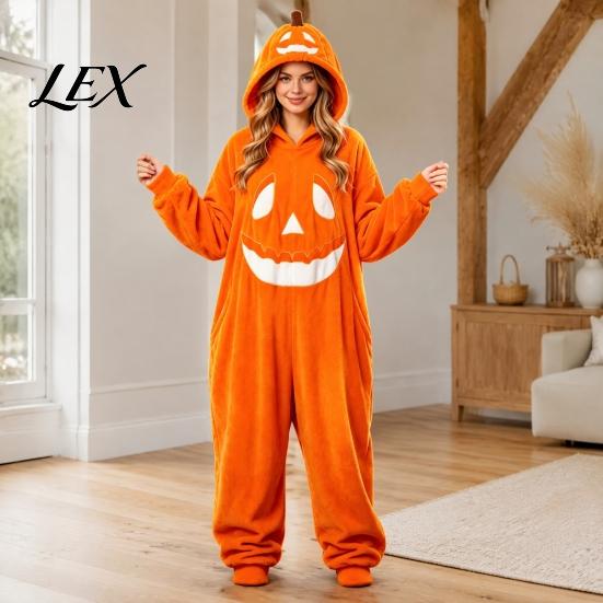 Unisex Fleece Pajamas Halloween Pumpkin Onesie for Adults, Plush Orange Sleepwear Hooded Costume, Oversized Loose Loungewear Family Matching Costumes