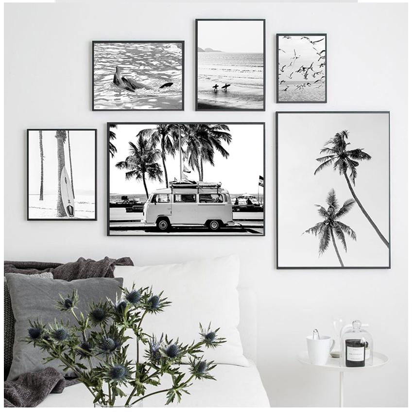 Painting Surfing Coastal Decor for Living Room Surf Poster California Wall Art Black and White Ocean Print Beach Canvas