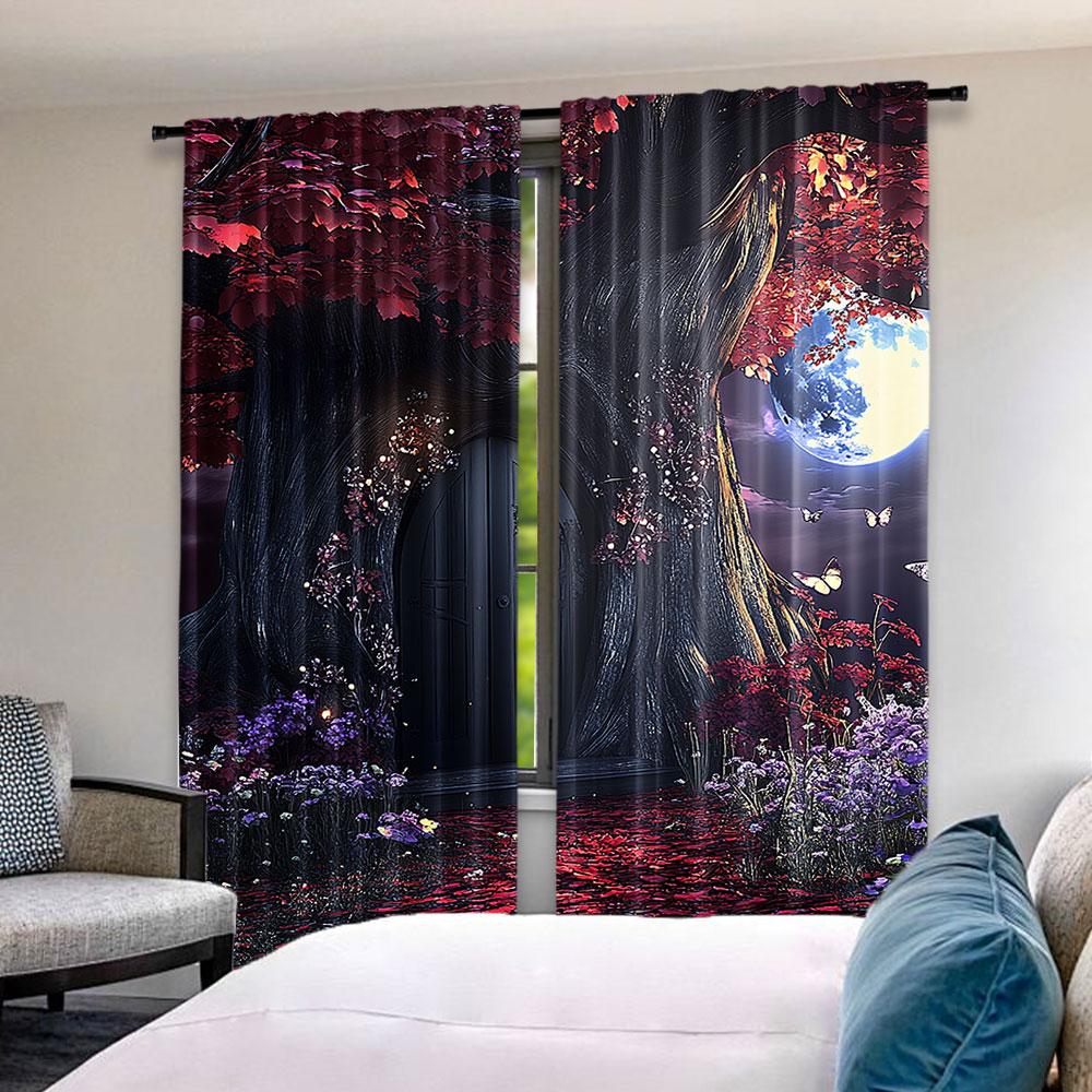 2Pcs Forest Curtain Dark Gothic Themed Scene With Magic Tree And Secret Cave Moon Suitable For Living Room And Bedroom
