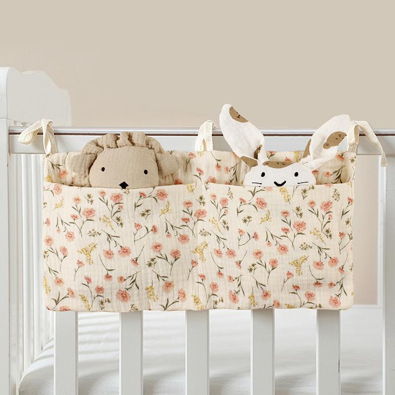 Pure Cotton Baby Bed with Double Pocket Children's Bottle Bedside Hanging Bag Diapers Storage Cart Baby Room Organization