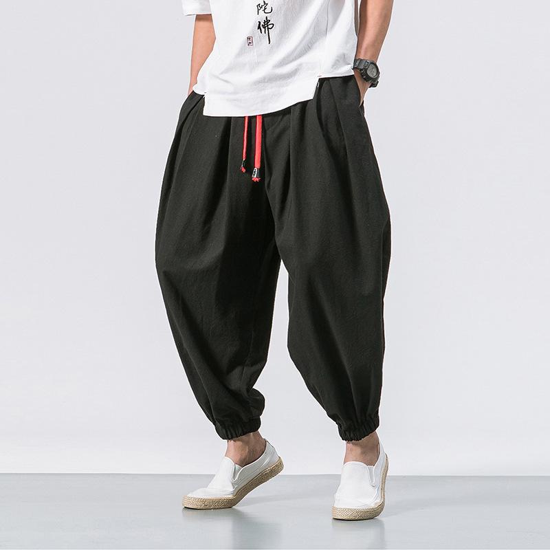Pantaloni Jogger Larghi Harem da Uomo in Cotone Lino con Coulisse a Gamba Larga a Lanterna Tinta Unita Ampi Taglie Forti