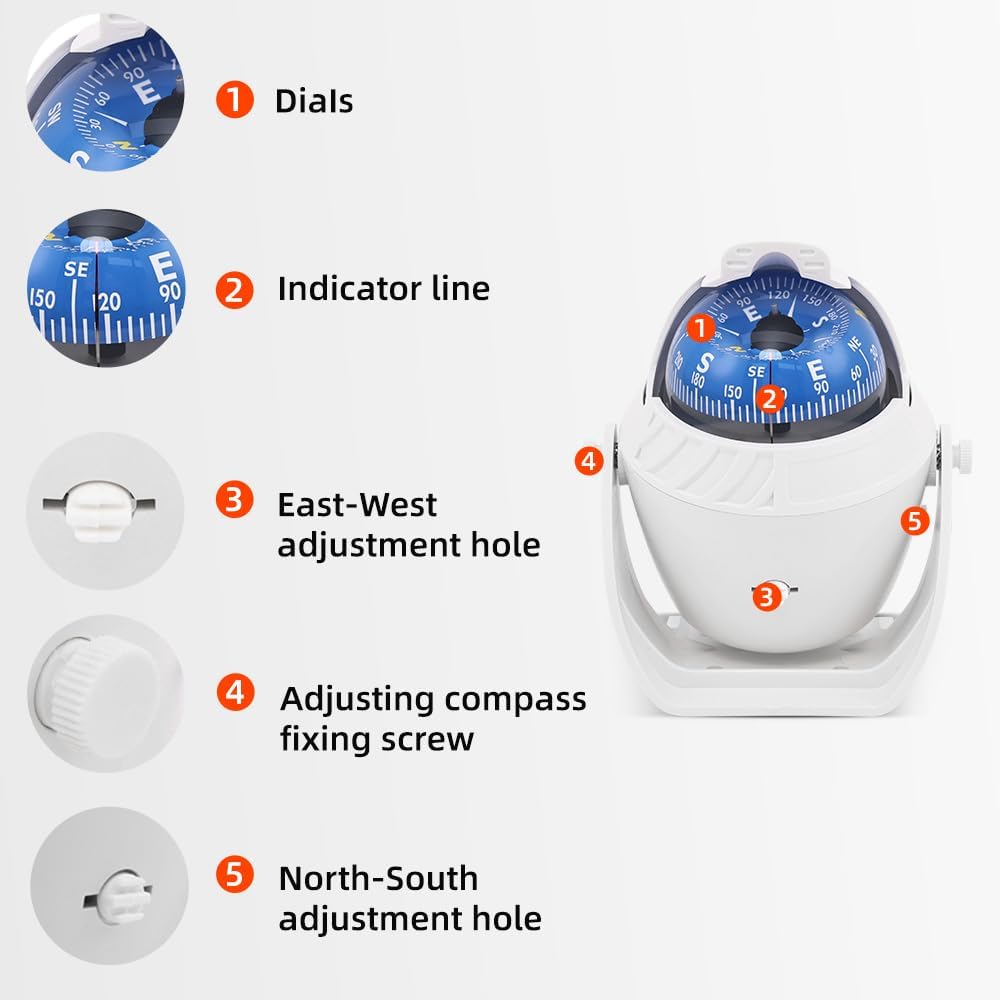 Sea Marine Compass with Mount Compasses Ball Waterproof for Boat Caravan White Sea Marine Compass with Mount for Boat Caravan Truck Car Navigation