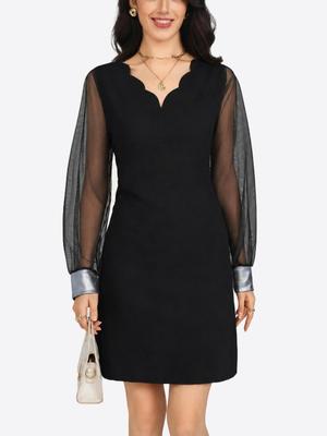 Vestido de tubo para mujer con manga transparente, escote festoneado, ajuste ceñido, elegante, hasta la rodilla