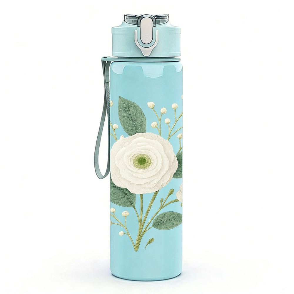 1PC Single White Peony Bloom 750ml Color Plastic Sports Water Bottle Leakproof Flip Straw Lid For Sports Office Home Use