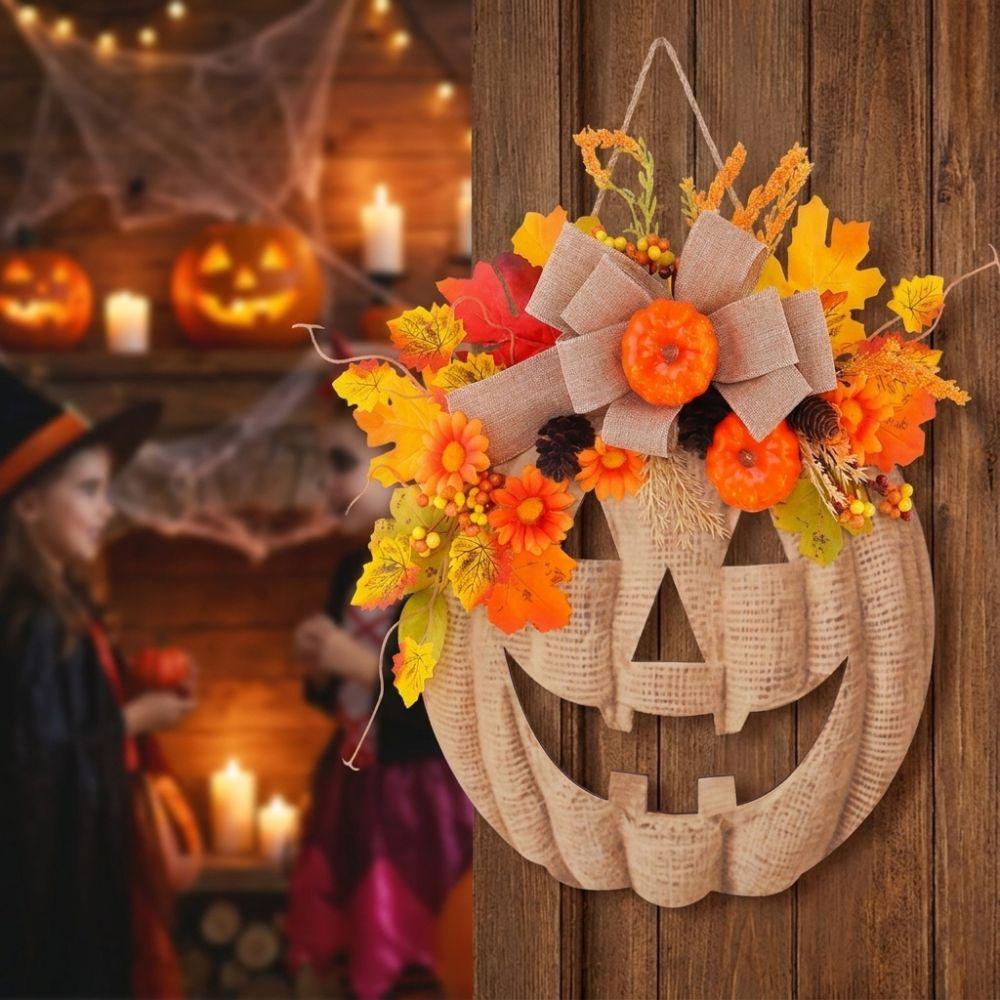 With Bow Halloween Wooden Pumpkin Door Hanger Thick Board Halloween Front Door Sign Autumn Harvest