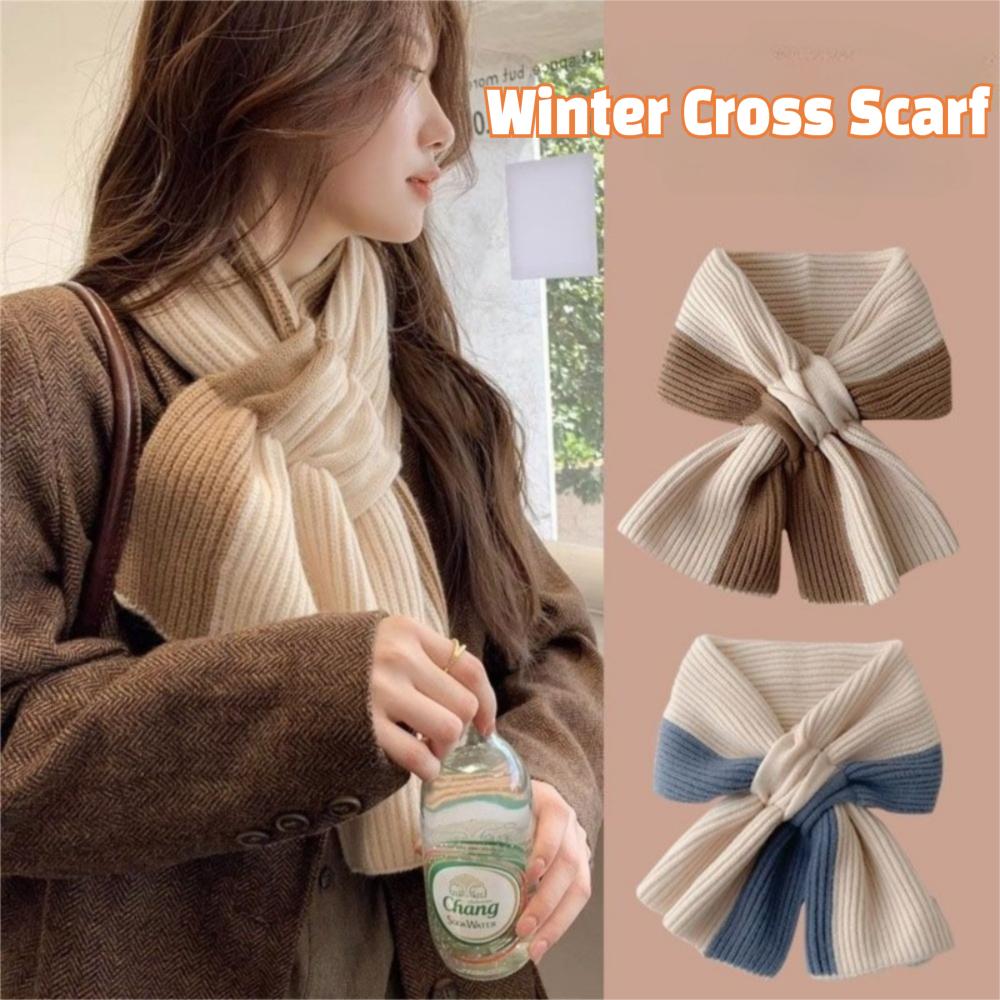 Knitting Shawl Wrap Mixed Color Neck Warmer Elegant Cross Scarf