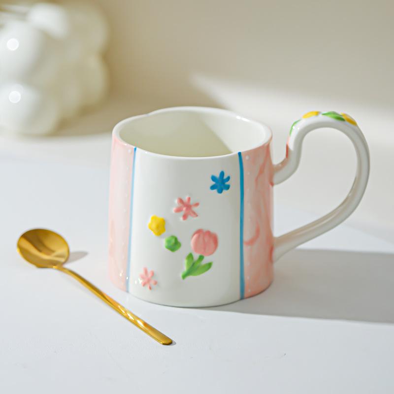 Ceramic Flower Mug Household High-value Women's Hand Cup Breakfast Cup Girl Heart Milk Cup Water Cup Underglaze Color