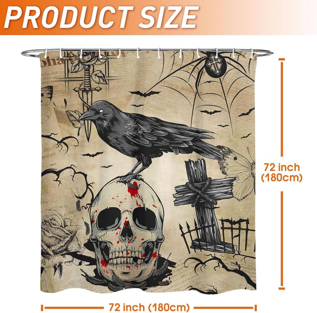 Halloween Skull Crow Shower Curtain With Spooky Pattern, Waterproof Bathroom Decor For Halloween Party Home Decoration