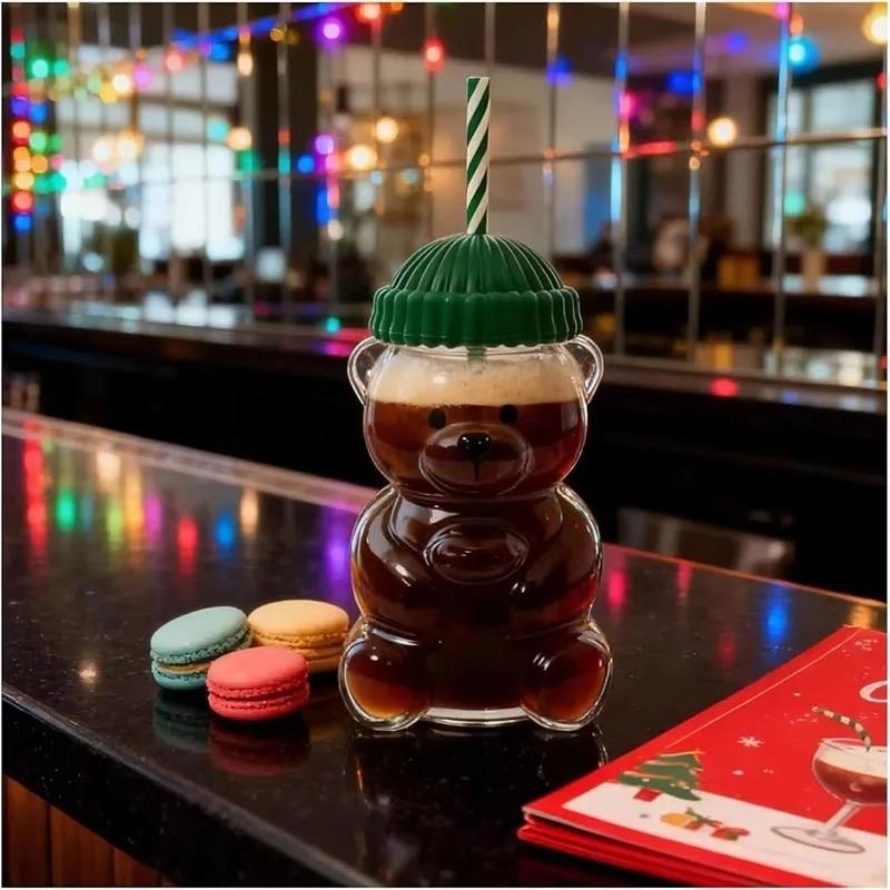 550ML Creative Bear Coffee Mug Cartoon Glass Mug with Straw Birthday Gift Suitable for Women Children Friends Christmas Gift