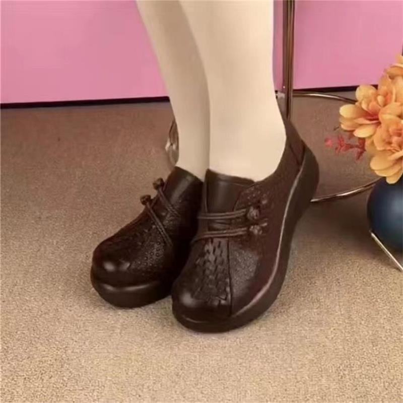 Dámské boty na klínku z měkké kůže podzimní nové kulatá špička retro pletené měkká podrážka lehké a pohodlné silná podrážka boty pro matky středního věku