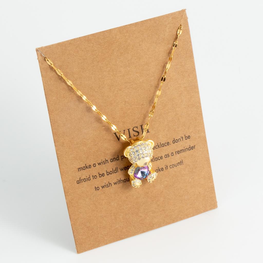 Little Bear Embracing Colorful Zircon Women's Party Stainless Steel Plated 18K Gold Hypoallergenic Jewelry Pendant Necklace
