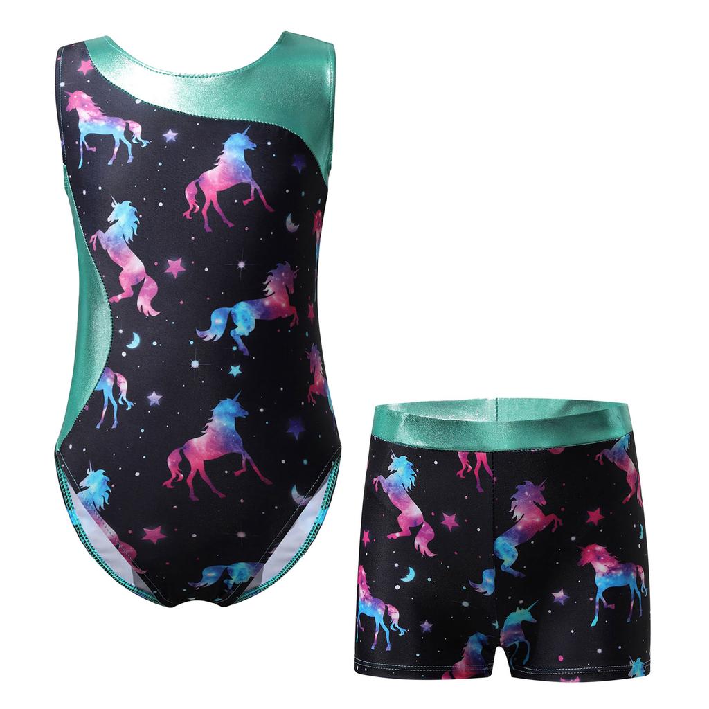Girls Printed Gymnastics Dance Outfit Sleeveless Patchwork Leotard Jumpsuit Elastic Waist Shorts Suit Performance Practice