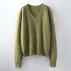 Women's Brushed Wool V-Neck Long-Sleeve Sweater: Autumn/Winter Loose Slimming Knitted Pullover Top