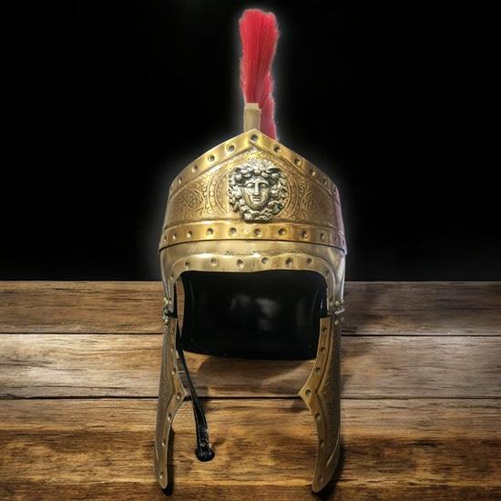 Roman Gladiator Helmet with Red Crest and Brass Queen Crest Handcrafted Medieval Warrior Armor