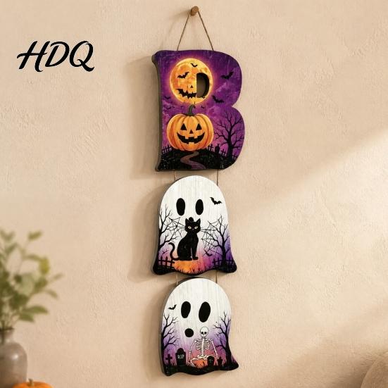 Layered Hanging Seasonal Ornament Halloween Wooden BOO Sign Creative Letter Pendants Vintage Ghost Pumpkin Black Cat