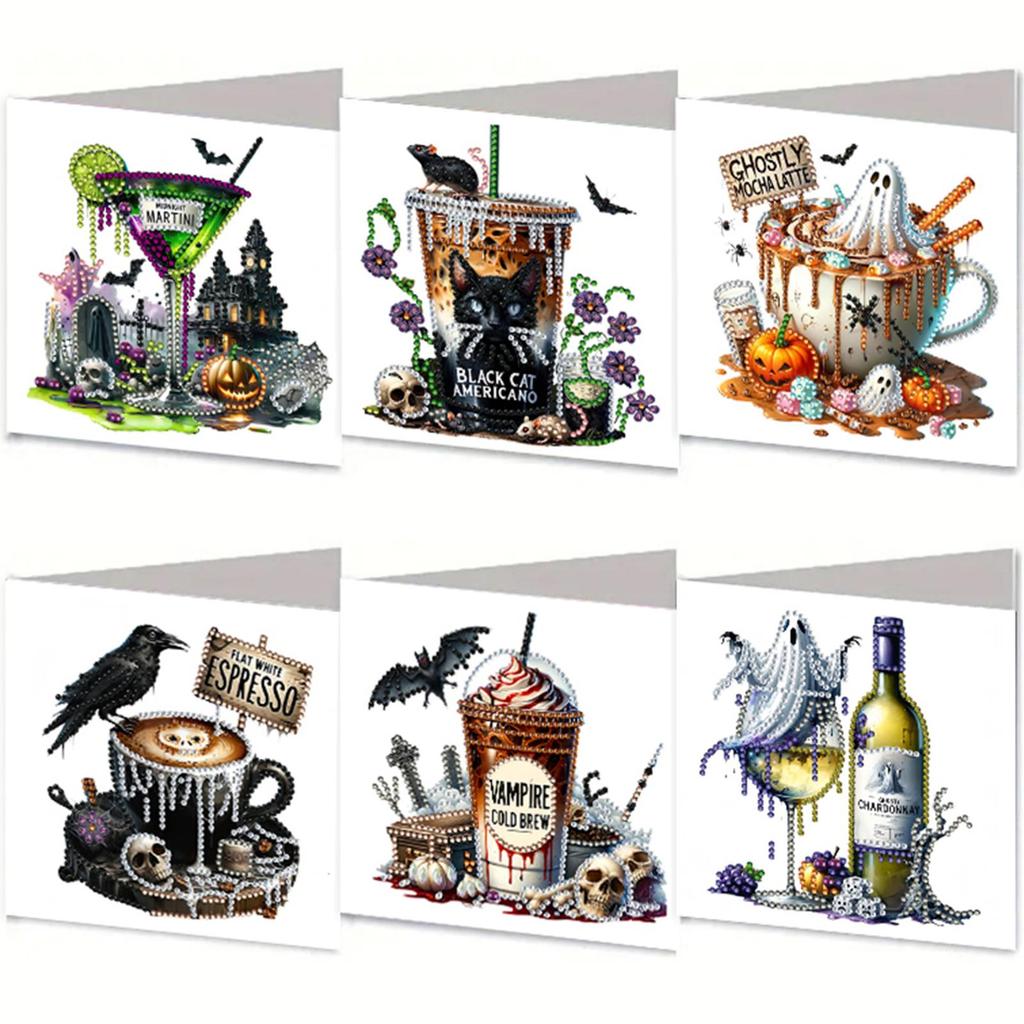 6pcs DIY Diamond Painting Greeting Card Set Halloween Pattern Rhinestone Diamond Art Mosaic Postcards for Halloween and Holidays