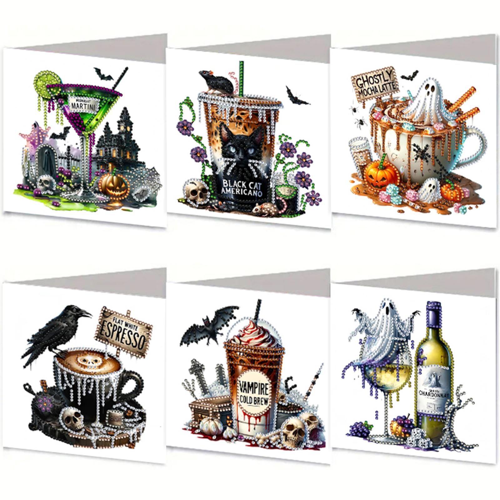 

6pcs DIY Diamond Painting Greeting Card Set Halloween Pattern Rhinestone Diamond Art Mosaic Postcards for Halloween and Holidays