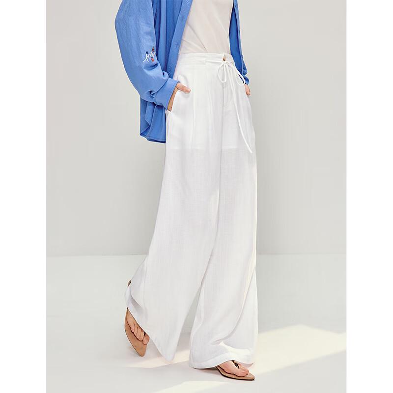 INMAN Women's White Linen Lyocell High-Waist Wide-Leg Pants