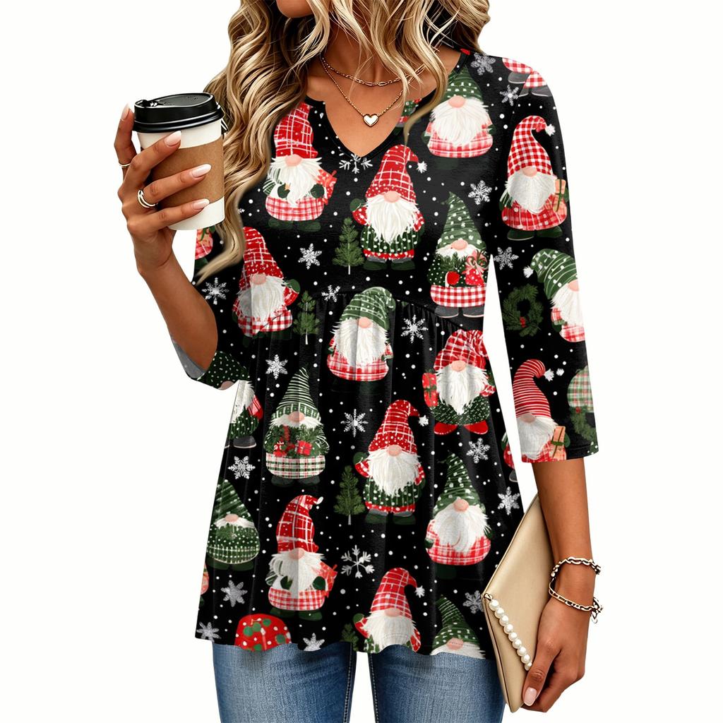 Women's Fashion Casual Christmas Print V-Neck Three-Quarter Sleeve Blouse