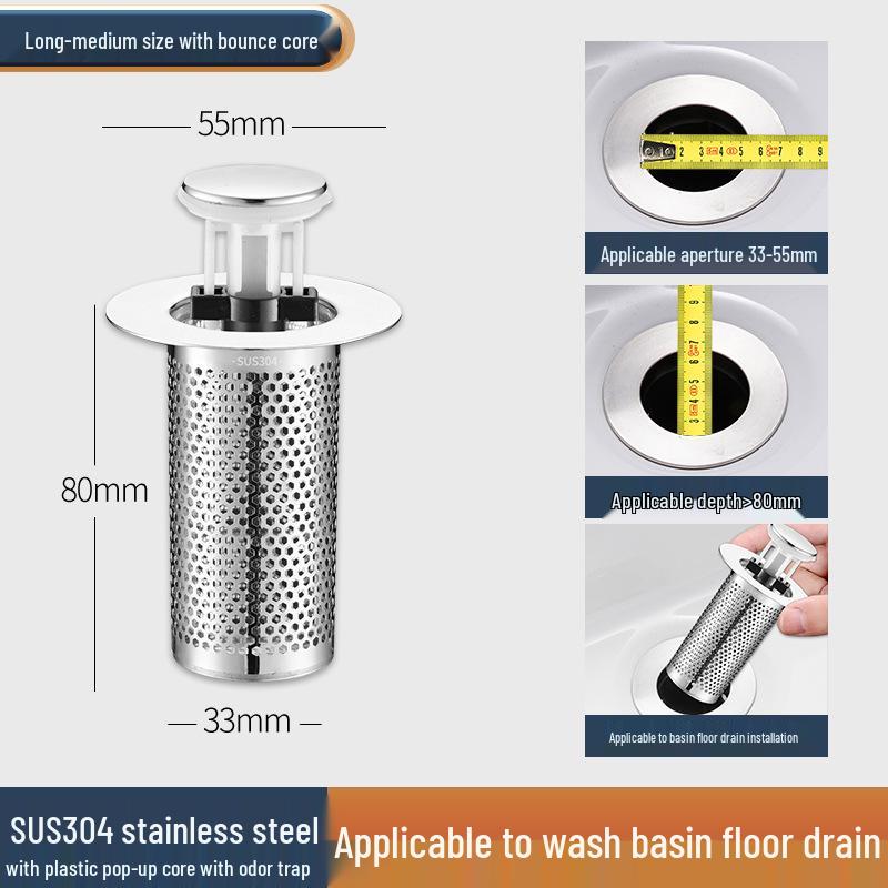Universal Anti-Clog Push-Type Wash Basin Drain Filter and Deodorizing Stopper