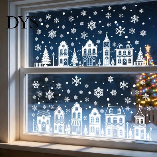 Festive Storefront Decorations 4Pcs Christmas Static Window Clings, White Town House Snowflake Glass Stickers, DIY Snow Scene Reusable Xmas