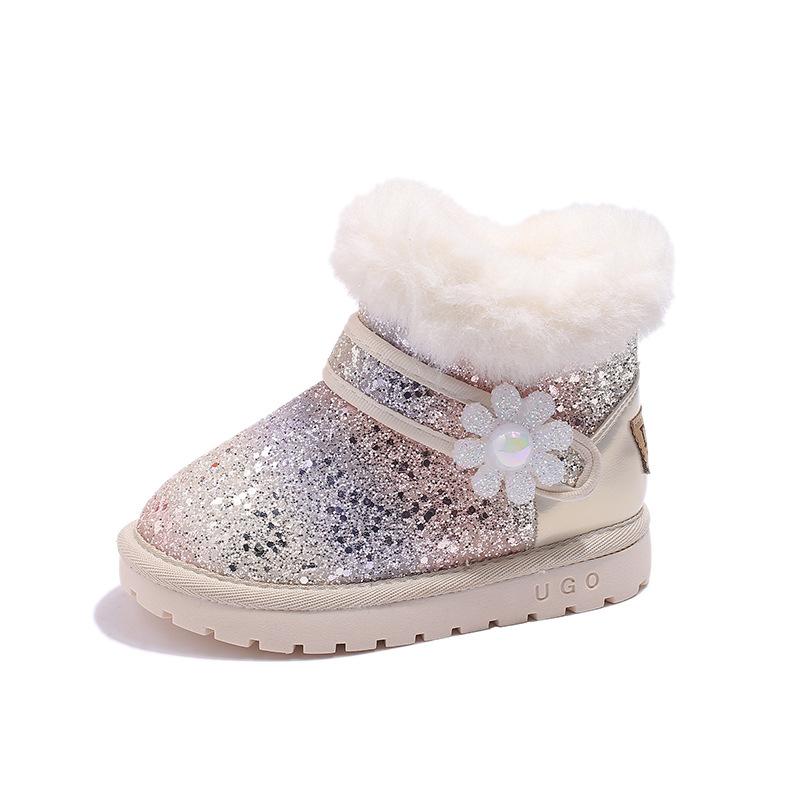 Children's Snow Boots New Winter Model for Girls, Thick Cotton Shoes with Fleece Lining, Baby Boots, Leather and Fur Integrated Cotton Boots,