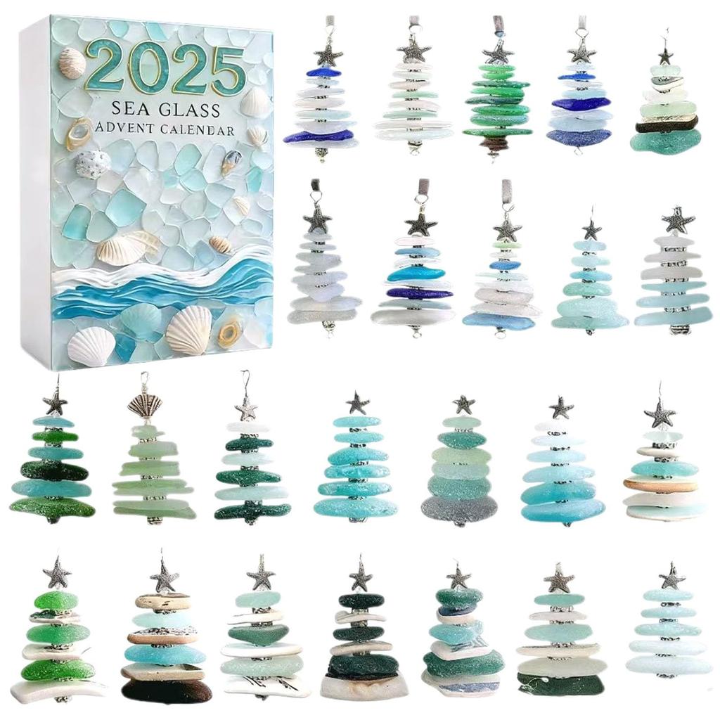 Sea Glass Christmas Tree Xmas Countdown Calendar with 24 Mini Christmas Tree Ornaments Holiday Countdown Calendar for Tree Decor