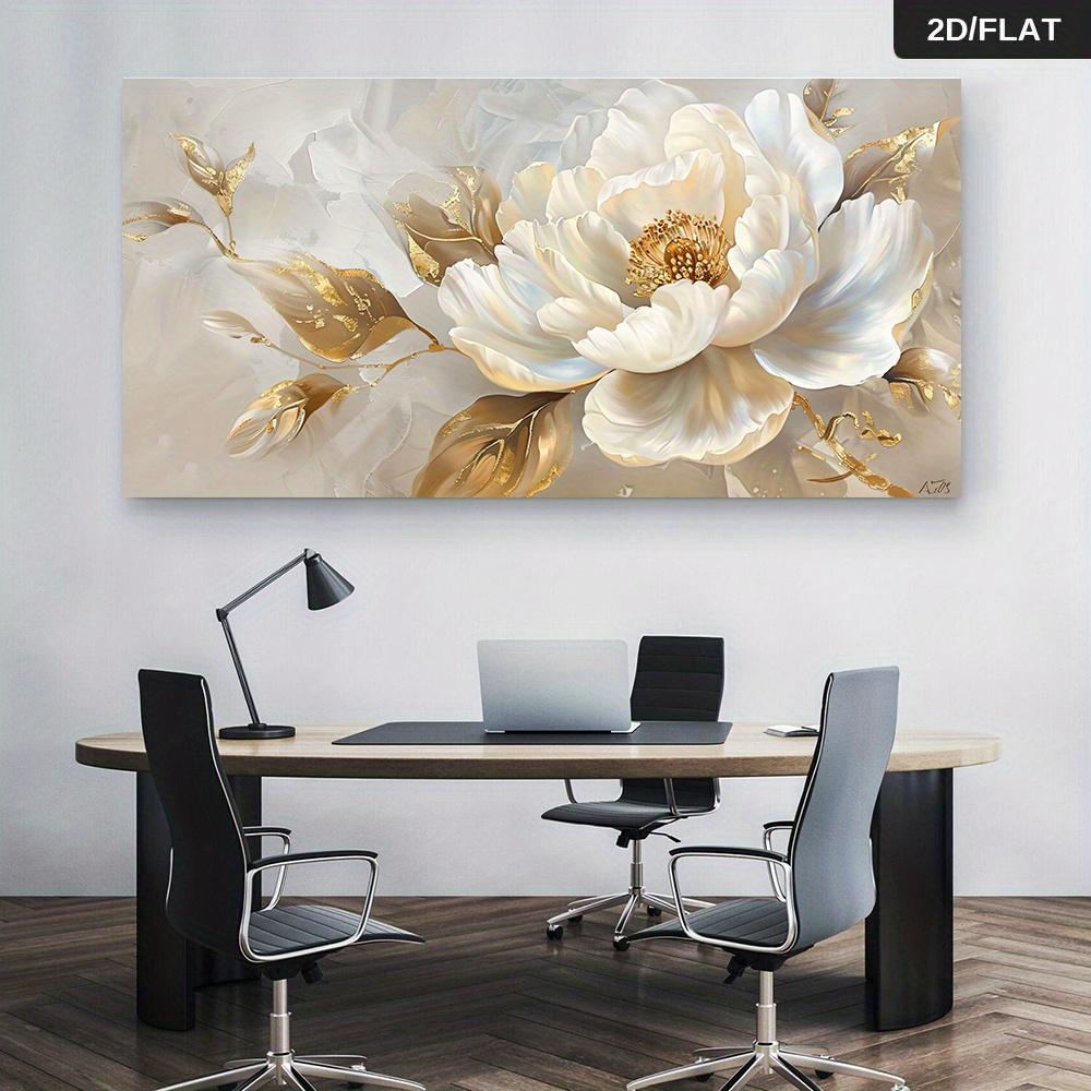 Un murale moderno astratto di peonie dorate - perfetto per l'arredamento del soggiorno e della camera da letto. La tela stampata, morbida e di colore chiaro, presenta