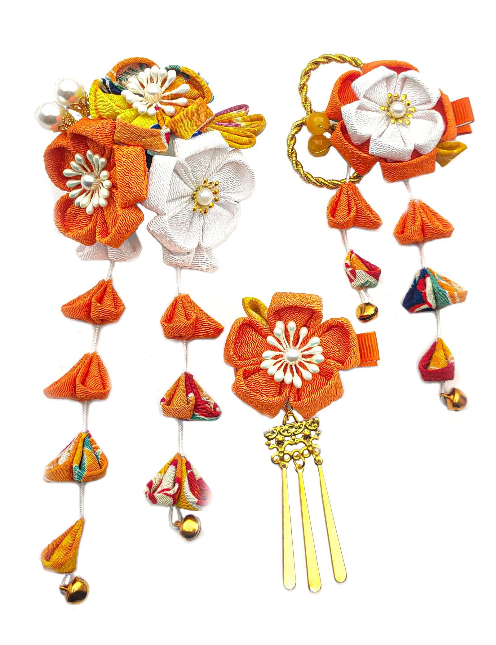

JZOON Handmade Hair Ornament with Perfect for and other Japanese and Weddings Tsumami-zaiku Bells, Orange, Shichi-Go-San, Coming-of-Age Ceremonies, оранжевый