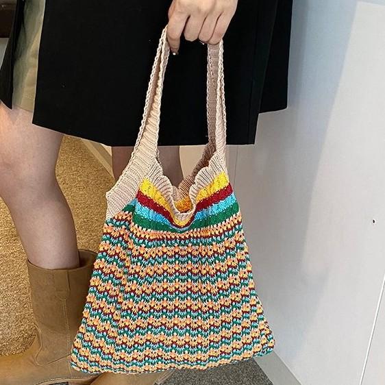 

2025 Autumn Bohemian Colorful Knitting Shoulder Bags Large Capacity Hollow Out Stripe Tote Bags For Travel Commuting Handbags 35-34-1cm
