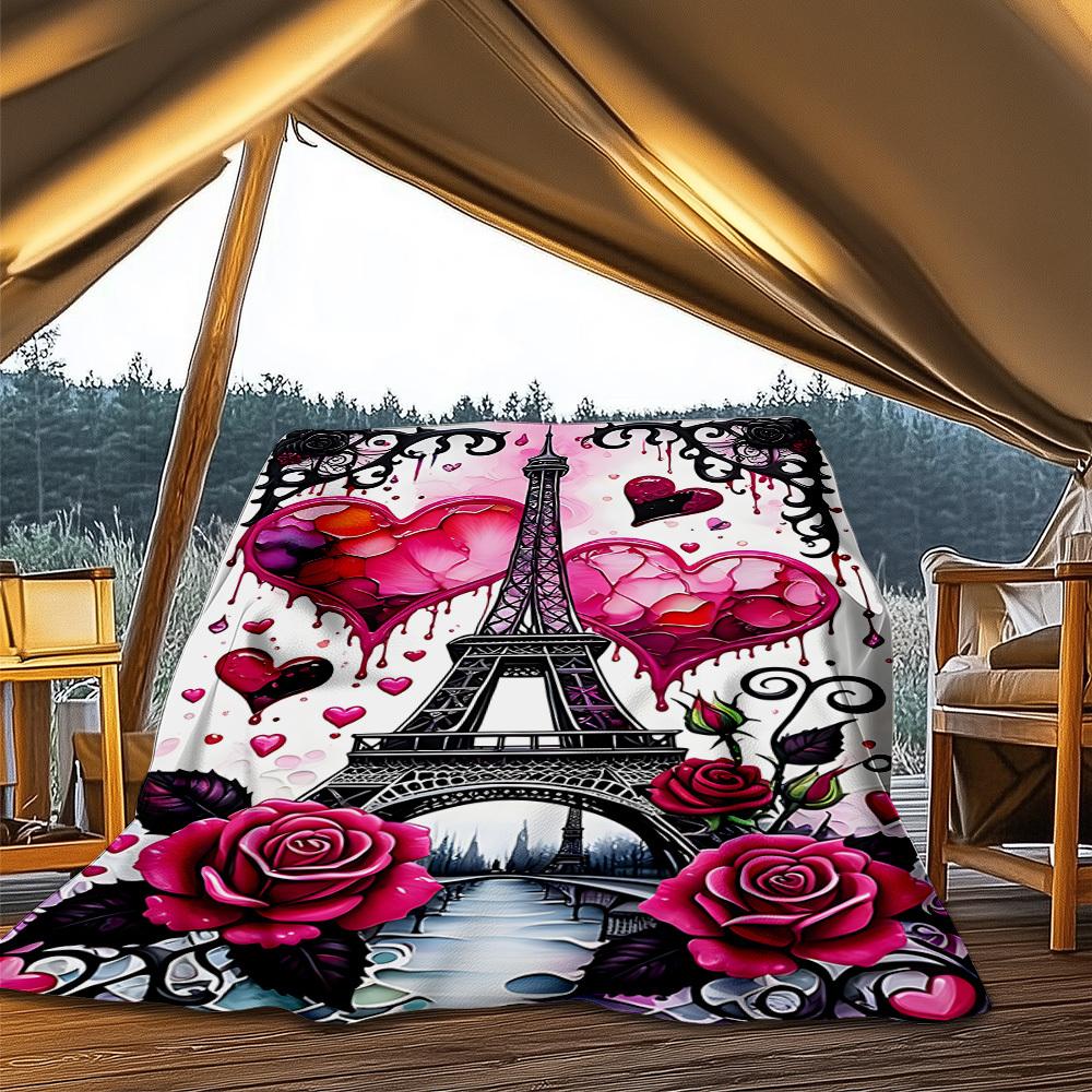 1pc Paris Love Outdoor Blanket - Soft Flannel Cozy for Travel & Camping - All-Season Warm Bed Cover, Machine Washable yy251229073