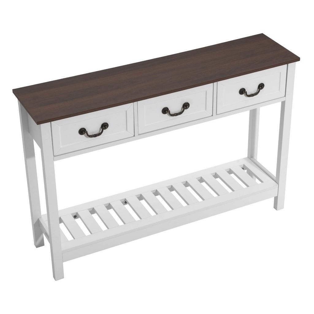 120 Cm Console Table, Farmhouse Desk Behind the Couch with Drawers and Bottom Storage Shelf, Wooden Rectangle Entrance Narrow Sofa Table for Hallway,
