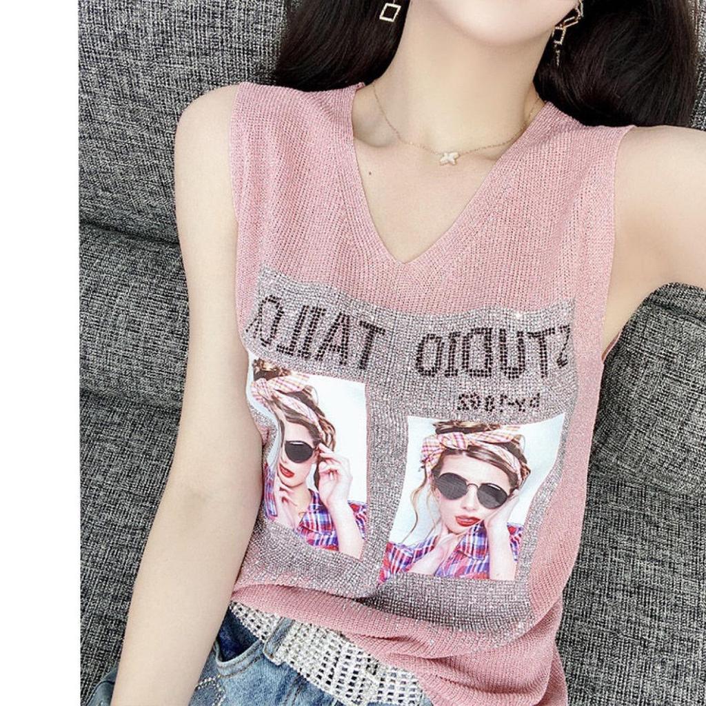 2023 Shiny Silk Sleeveless V-Neck Women's Vest - Spring/Summer New Style, Loose Fit with Hot Diamond Sling Knitted Design