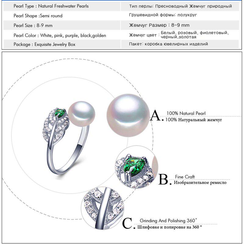 Fenasy Natural Freshwater Pearl Rings For Women Dainty Bohemia Green Crystal Feather Adjustable Ring