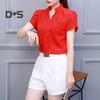 Summer Chiffon Shirt Stand Collar V-neck Petal Short Sleeve Pullover Tops Solid Color Thin Women Blouse Workwear