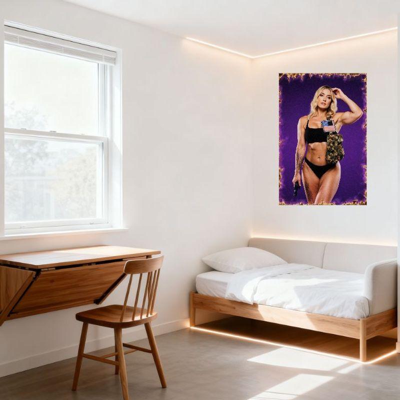 Sexy Muscular Blonde Woman with Gun Tin Sign, Purple Background Military Bag Tattoo Metal Poster for Bar Pub Home Cafe Wall Deco