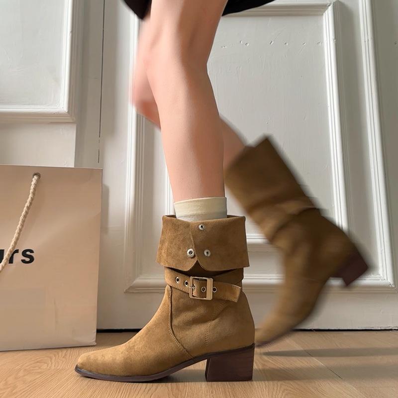 Coarse heel suede medium boots women's pile boots 2025 autumn and winter new Spice Girl retro pointed square heel western cowboy boots