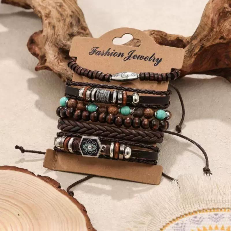 

Новый многослойный браслет из деревянных бусин, с бисером, в стиле ретро, с цветком, пером павлина, в форме сердца, ручной работы