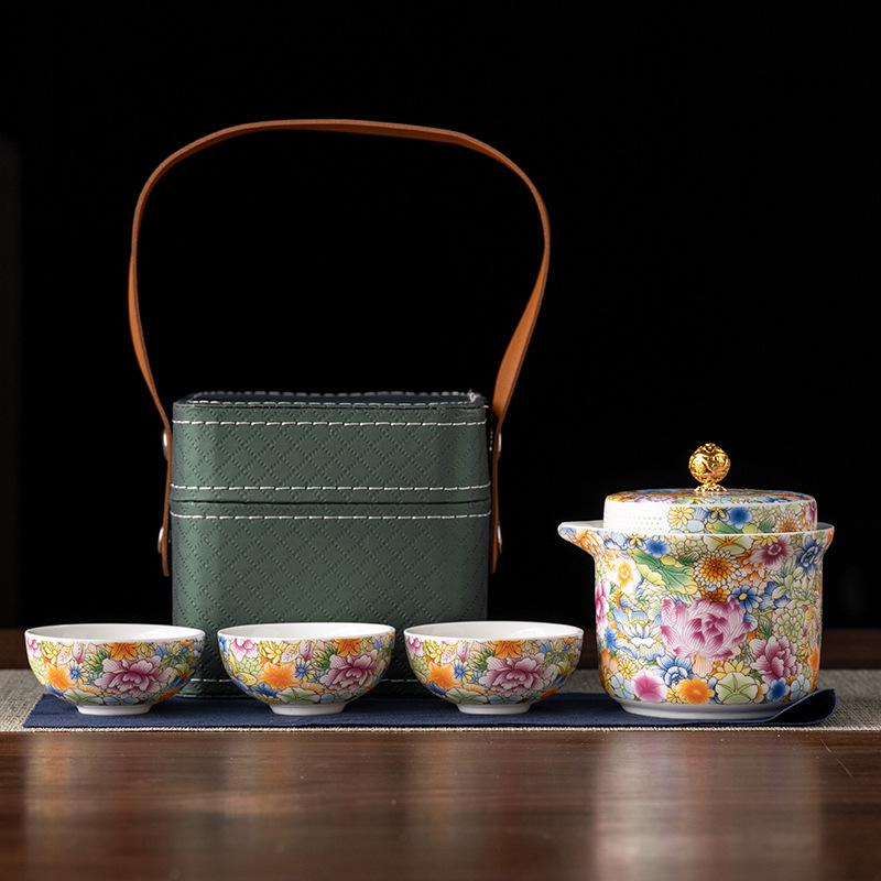 High-end Kung Fu travel tea set Portable set Enamel color tea set Household business souvenir Light luxury court style