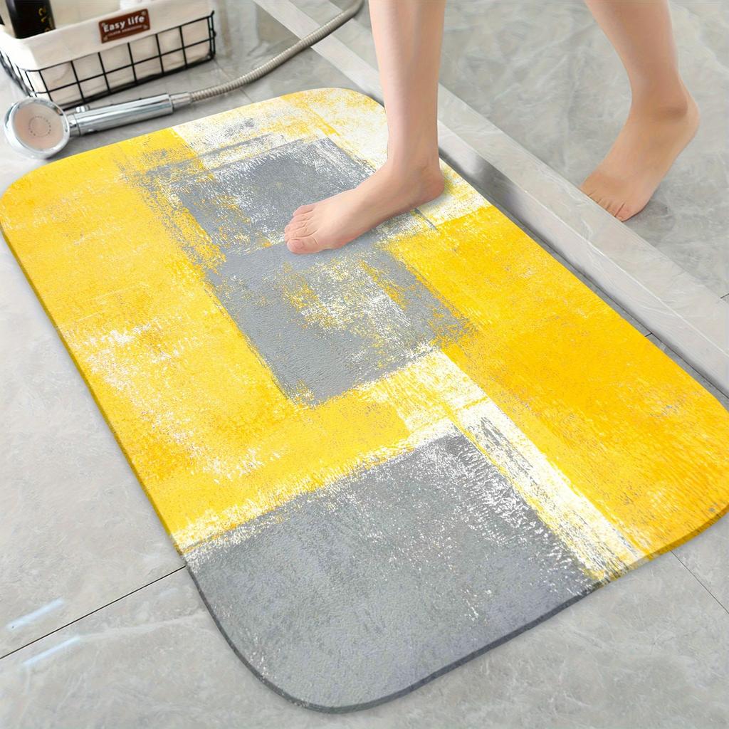 Yellow and Gray Bath Mat - Modern Geometric Non-Slip Floor Mat for Kitchen - Washable Quick-Dry Home Decor Indoor Carpet Rug