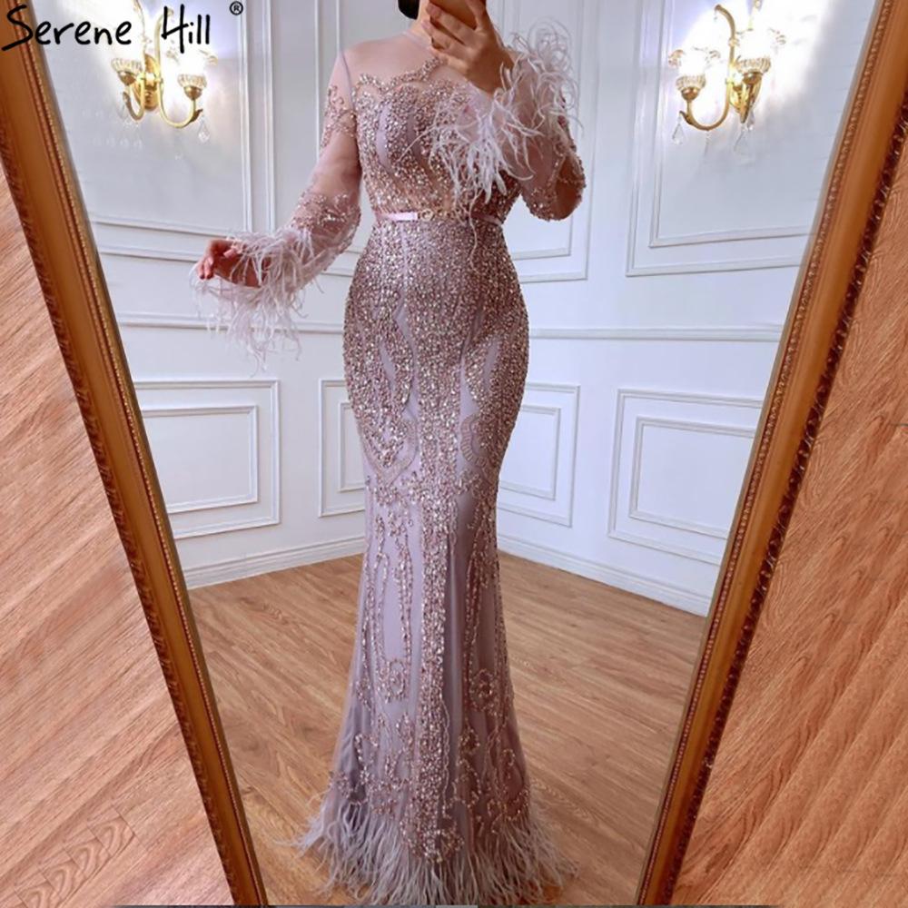 Pink Elegant Feather Long Sleeve Evening Dress Celebrity Banquet Host Playing Fishtail Dress LA10911