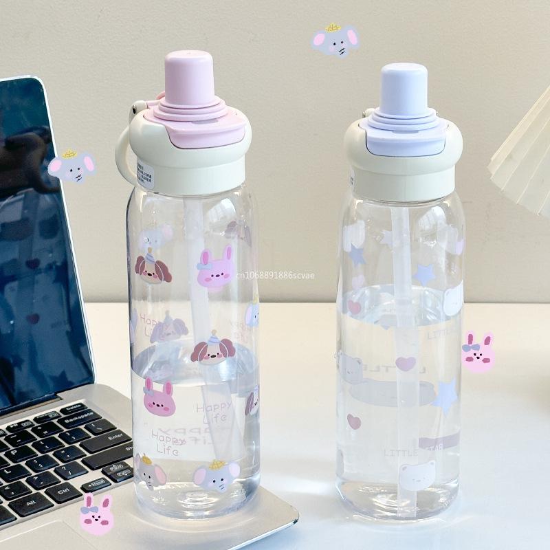 1PCS Bear Cartoon 600ml Portable Large-capacity Water Bottle Sports Straw Cups Student Plastic Water Cups Children's Mug